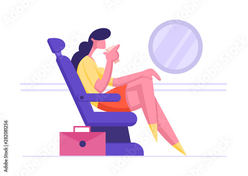 Young Business Woman Sit in Comfortable Airplane Seat and Drinking Beverage. Businesswoman Passenger Travel by Plane for Corporate Trip. Airline Transportation Service Cartoon Flat Vector Illustration