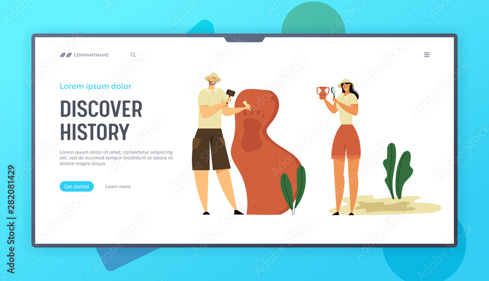 Archeologists Exploring Ancient Footprint Website Landing Page, People Studying Ancient History, Scientists Working on Excavations with Equipment, Web Page. Cartoon Flat Vector Illustration, Banner