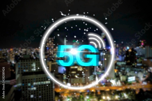 5G network wireless system on night cityscape background