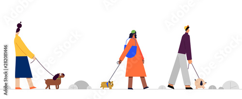 Vector illustration with people on a walk with a dogs. Use in Web Project and Applications.