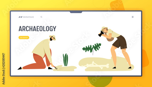 Archeologists, Paleontology Website Landing Page, Scientists Working on Excavations, Digging, Exploring and Photographing Ancient Dinosaurs Artifacts Web Page. Cartoon Flat Vector Illustration, Banner