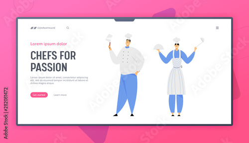 Hospitality, Restaurant Staff Website Landing Page, Characters in Uniform. Woman in Apron Holding Dish and Ladle, Man in Chef Toque with Beef Knife Web Page. Cartoon Flat Vector Illustration, Banner