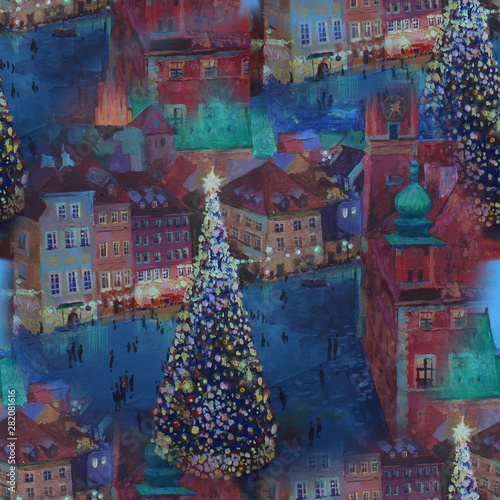 seamless pattern Beautiful winter urban landscape old csquare and walking people . Europe. Oil painting on canvas.