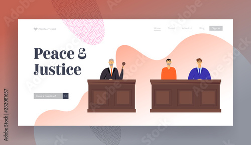 Tribunal and Justice Website Landing Page, Judge in Black Gown Hold Gavel. Accused Man in Prison Robe Sitting with Attorney Lawyer in Court, Judgment Web Page. Cartoon Flat Vector Illustration Banner