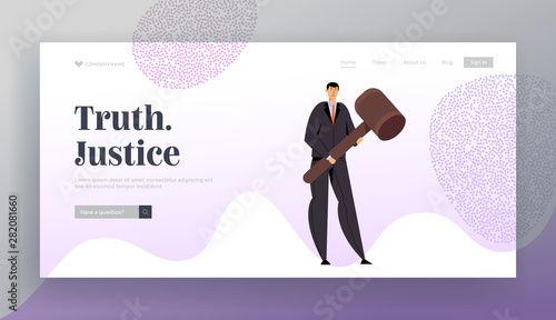 Tribunal and Justice Concept for Website Landing Page, Attorney Lawyer in Court Wearing Black Suit Holding Huge Gavel. Judgment System, Justice Web Page. Cartoon Flat Vector Illustration, Banner
