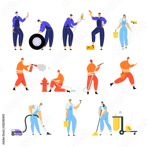 Set of Car Repair Workers with Tools for Automobiles Fixing, Firefighters Put Out Fire with Extinguisher and Water and Cleaning Company Employees with Instruments Cartoon Flat Vector Illustration