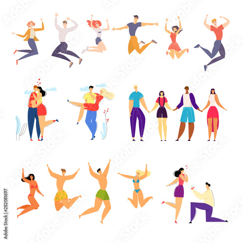 Love and Friendship Concept with Happy People Rejoice. Happy Couple Dating and Spending Time Together, Cheerful Friends Company Jumping with Hands Up Party Celebration Cartoon Flat Vector Illustration