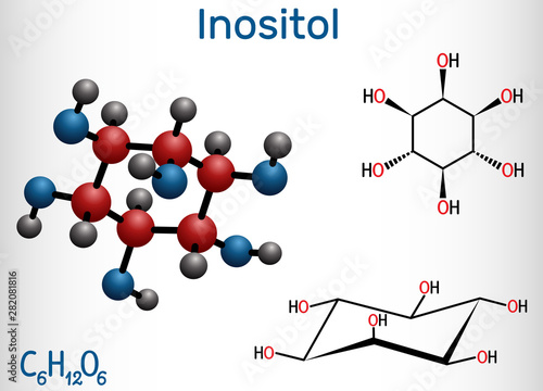 Inositol, myo-inositol,  vitamin-like essential nutrien molecule. Structural chemical formula and molecule model