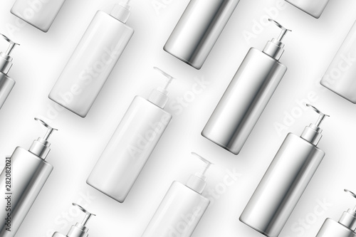 Vector template - realistic cosmetics plastic and metal shampoo bottles on table, mockup for your package design. Isolated on white background