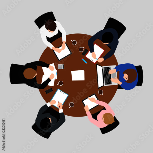 business meeting top view on brown circle table conference office team .vector illustration
