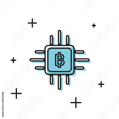 Black CPU mining farm icon isolated on white background. Bitcoin sign inside processor. Cryptocurrency mining community. Digital money. Vector Illustration
