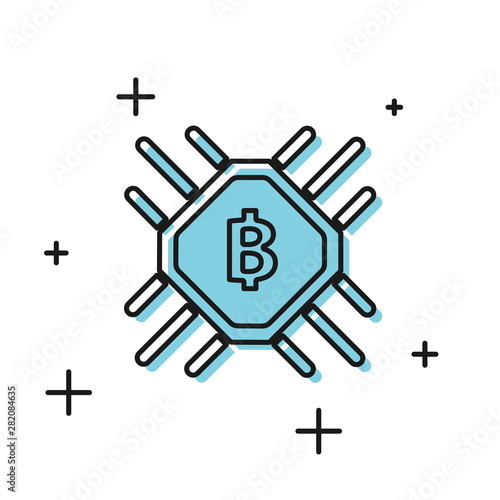 Black CPU mining farm icon isolated on white background. Bitcoin sign inside processor. Cryptocurrency mining community. Digital money. Vector Illustration