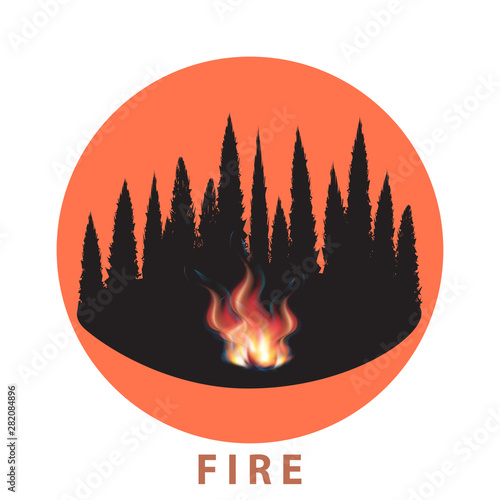 Bonfire, realistic, forest, taiga - round icon - isolated on white background - vector. Environmental Protection.