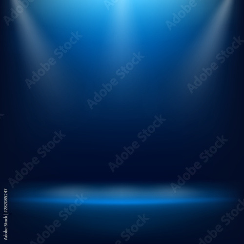 Smooth dark blue with black vignette empty studio room banner. Soft stadium arena lighting spotlight. EPS 10