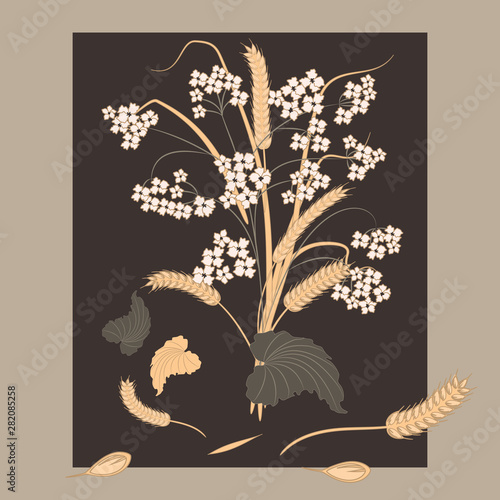 Bouquet of wildflowers and ears of ripe wheat - abstraction, illustration, vector. Autumn still life