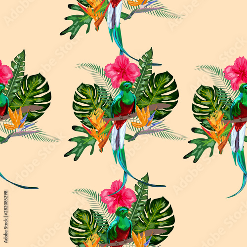 Seamless pattern of endangered species of birds Magnificent resplendent quetzal sitting on a branch against the backdrop of a tropical foliage and flowers, design