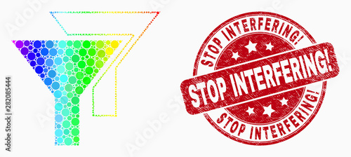 Dot bright spectral filters mosaic pictogram and Stop Interfering! seal stamp. Red vector round scratched seal stamp with Stop Interfering! text. Vector combination in flat style.