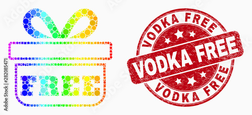 Dot bright spectral free gift mosaic pictogram and Vodka Free seal stamp. Red vector round textured stamp with Vodka Free phrase. Vector composition in flat style.