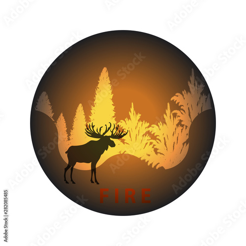 Fiery element. Deer, burning forest, taiga - round icon - isolated on white background - vector.