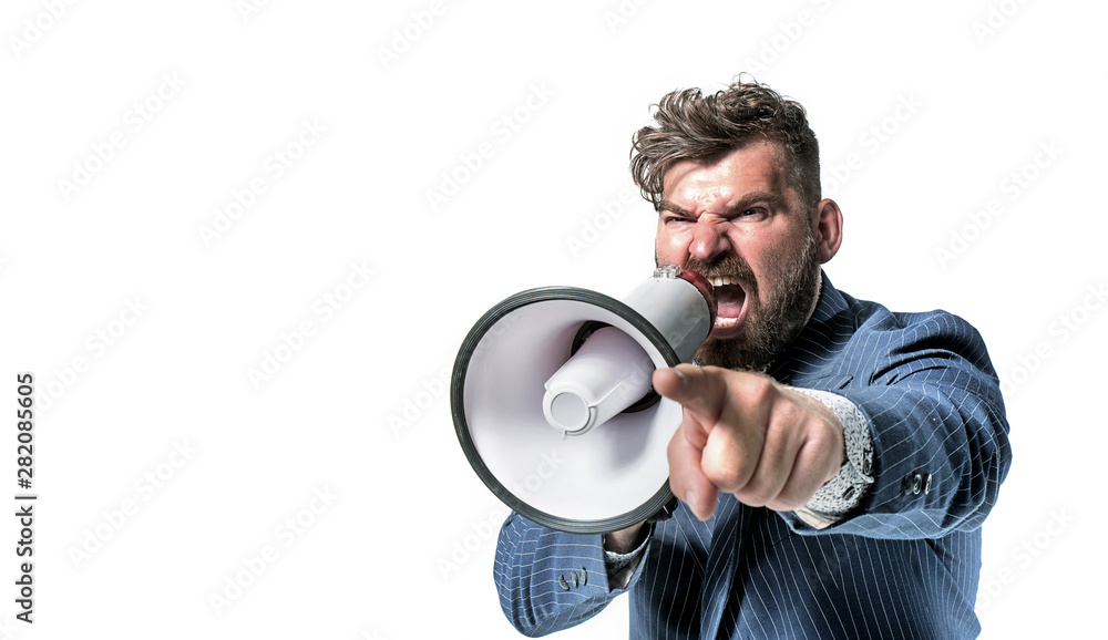 Portrait of a leader screaming with a megaphone Portrait of a leader screaming with a megaphone