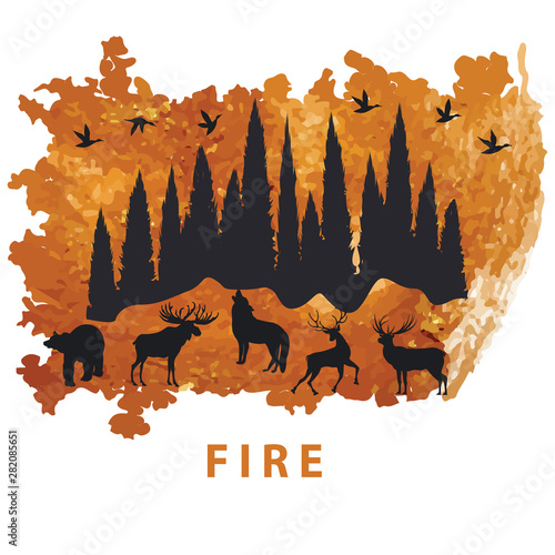 Fire element - grunge style. Animals, birds, burning forest, taiga - isolated on white background - vector.