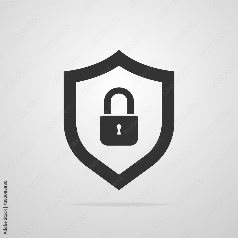 Protection black icon isolated on gray background. Shield with padlock. Vector illustration. Protection black icon isolated on gray background. Shield with padlock. Vector illustration.