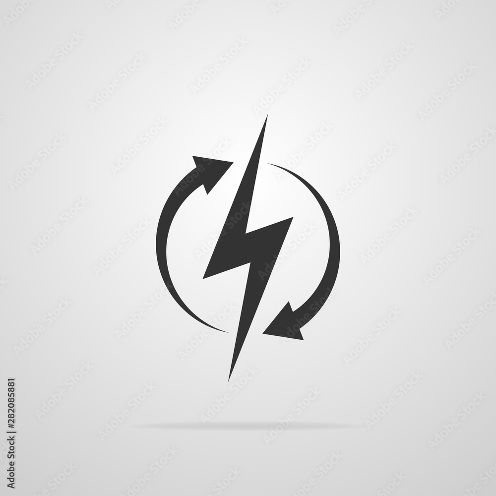 Recharging black icon isolated on gray background. Sign of lightning in a circle with arrows. Vector illustration. Recharging black icon isolated on gray background. Sign of lightning in a circle with arrows. Vector illustration.
