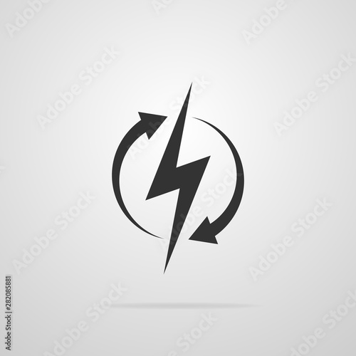 Recharging black icon isolated on gray background. Sign of lightning in a circle with arrows. Vector illustration.