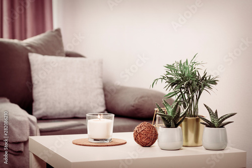 Still life home atmosphere in the interior with candle and home plants  home decor elements  the concept of comfort and coziness