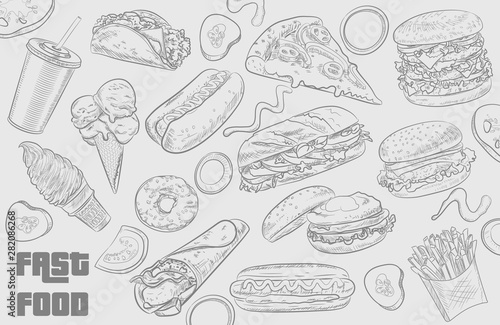 Fastfood illustrations collection. Street festival menu design elements. Vector snacks, drinks and desserts drawings for logo, icon, label, packaging, poster. Junk food set in sketched style.