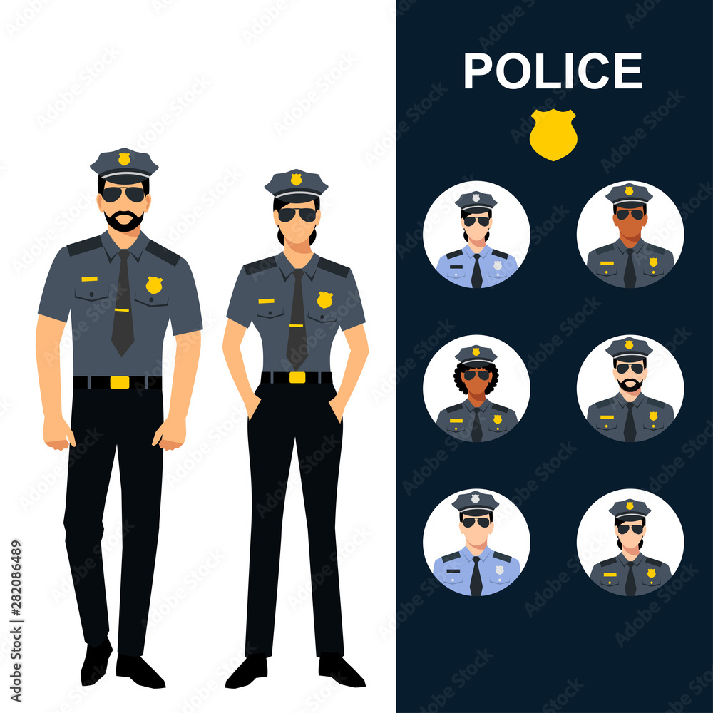 police man and woman - icons set. Professions - Police officers. Cops in uniform vector illustration police man and woman - icons set. Professions - Police officers. Cops in uniform vector illustration
