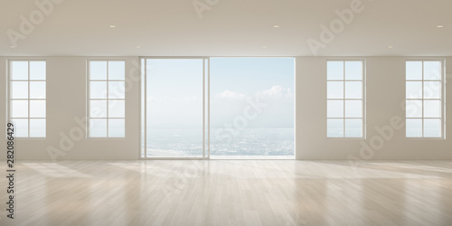 Perspective of empty modern living room on city view background The sun light cast shadow on the timber floor. - 3D rendering.