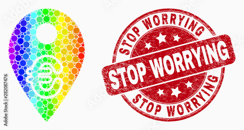 Dot rainbow gradiented euro map marker mosaic pictogram and Stop Worrying seal stamp. Red vector rounded textured seal stamp with Stop Worrying text. Vector combination in flat style.