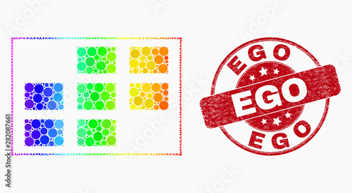 Dot rainbow gradiented grid cells mosaic icon and Ego seal stamp. Red vector rounded scratched seal with Ego phrase. Vector collage in flat style.