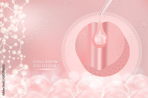 Hyaluronic acid skin solutions ad, pink collagen serum drop with cosmetic advertising background ready to use, illustration vector.