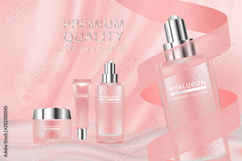 Beauty product ad design, pink cosmetic containers with collagen solution advertising background ready to use, luxury skin care banner, illustration vector.