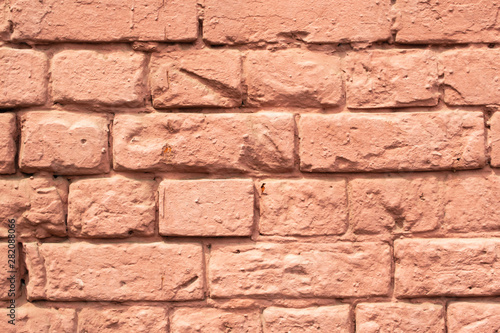 Pink painted brick wall, coral tone. Texture, abstract background for design.