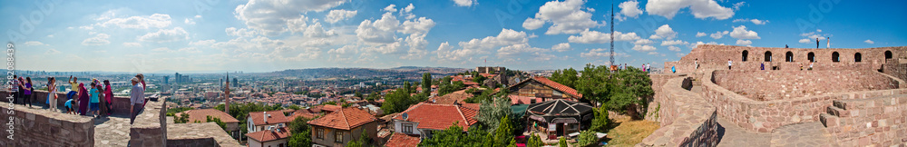 Panoramic view of Ankara Castle (Kalesi). It is a fortification from the late antique / early medieval era in Ankara, Turkey. 360 degree view of the capital of Turkey. Tourists on the walls of the man