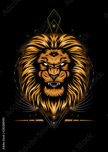 Fototapeta Naklejka Na Ścianę i Meble -  Lion head vector design. king of lion.  Lion head Vector illustration with sacred symbol. Lion face roaring
