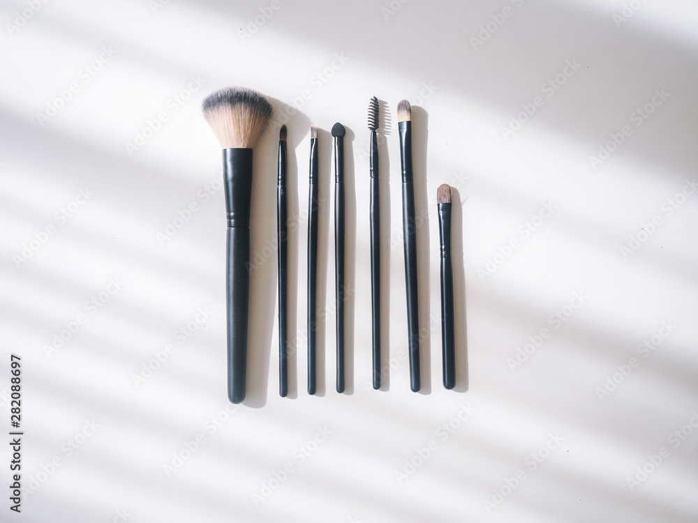 Top view closeup of various professional female cosmetics brushes for makeup . Cosmetic brush. Top view closeup of various professional female cosmetics brushes for makeup . Cosmetic brush.