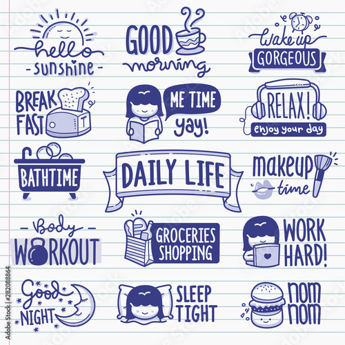 Daily Life Design elements. Vector Doodle Illustration Set in Ballpoint Pen Style.