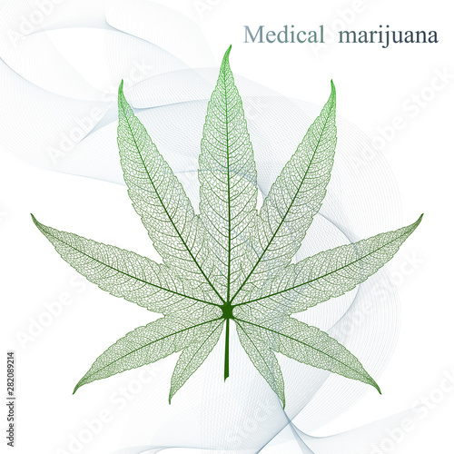 Background with smoke and leaf of medical cannabis. Marijuana. Vector illustration.