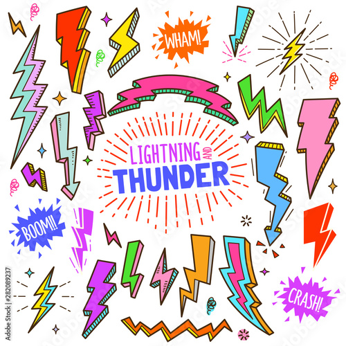 Lightning and Thunder Design elements. Colorful Vector Doodle Cartoon Illustration Set.
