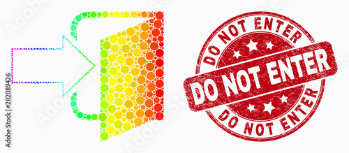 Dot spectral exit door mosaic icon and Do Not Enter stamp. Red vector round scratched stamp with Do Not Enter text. Vector composition in flat style.