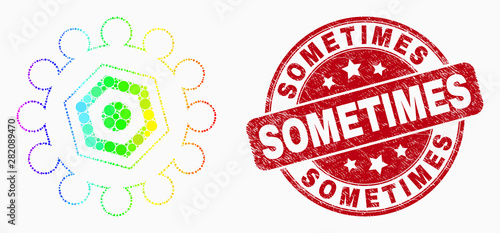 Dot spectral gear mosaic icon and Sometimes stamp. Red vector rounded distress seal stamp with Sometimes text. Vector combination in flat style. Colorful gradiented gear mosaic of random circles,