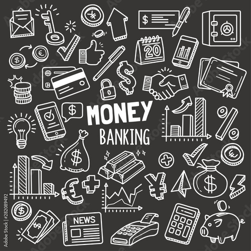 Money and Banking Design elements. Vector Doodle Illustration Set in Blackboard Chalk Style.
