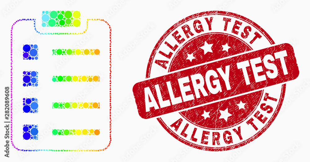 Dot spectral items pad mosaic icon and Allergy Test seal stamp. Red vector rounded textured seal stamp with Allergy Test text. Vector combination in flat style. Dot spectral items pad mosaic icon and Allergy Test seal stamp. Red vector rounded textured seal stamp with Allergy Test text. Vector combination in flat style.