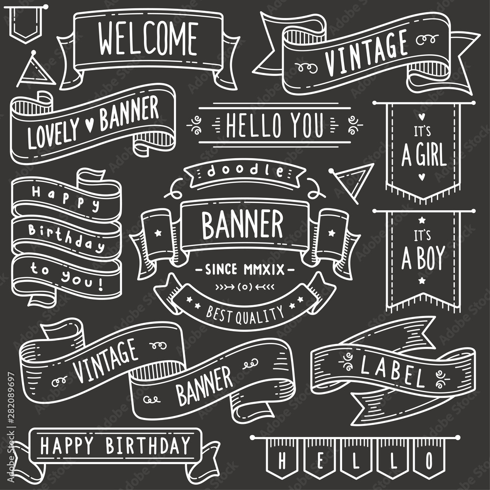 Vintage Banner and Ribbon Design elements. Vector Doodle Illustration