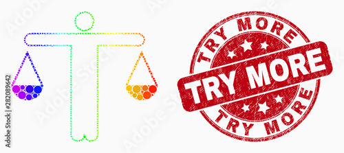 Dot spectral judge mosaic icon and Try More stamp. Red vector round grunge seal stamp with Try More caption. Vector collage in flat style. Spectral gradient judge illustration of scattered spheres,
