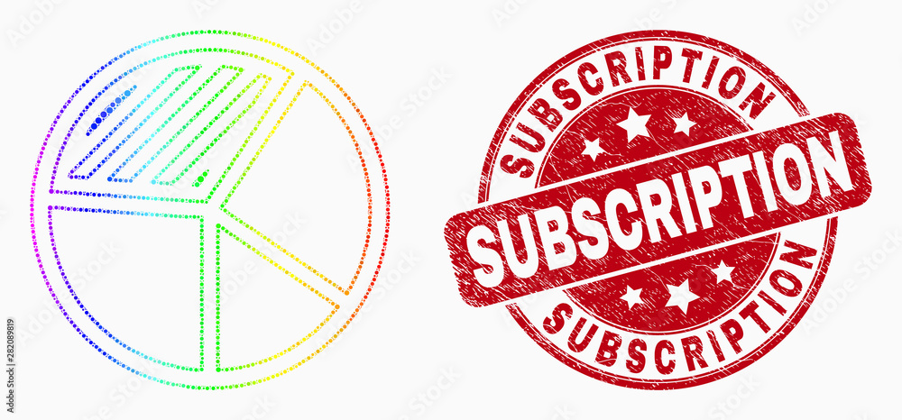 Dot spectral pie chart mosaic pictogram and Subscription seal stamp. Red vector rounded distress seal with Subscription phrase. Vector composition in flat style. Dot spectral pie chart mosaic pictogram and Subscription seal stamp. Red vector rounded distress seal with Subscription phrase. Vector composition in flat style.